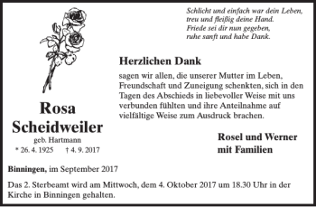 Traueranzeige von Rosa Scheidweiler von WochenSpiegel