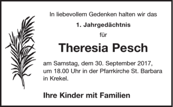 Traueranzeige von Theresia Pesch von WochenSpiegel