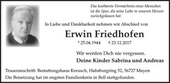 Traueranzeige von Erwin Friedhofen von WochenSpiegel