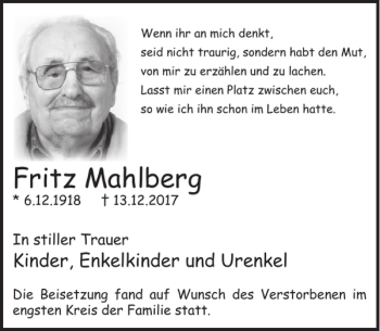 Traueranzeige von Fritz Mahlberg von WochenSpiegel