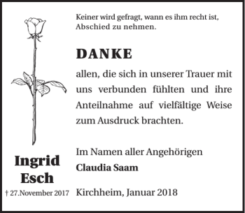 Traueranzeige von Ingrid Esch von WochenSpiegel