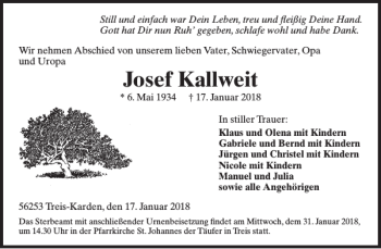 Traueranzeige von Josef Kallweit von WochenSpiegel