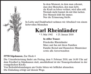 Traueranzeige von Karl Rheinländer von WochenSpiegel