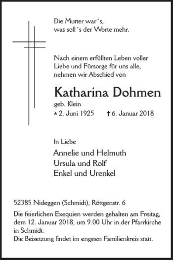 Traueranzeige von Katharina Dohmen von WochenSpiegel