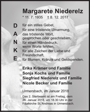 Traueranzeige von Margarete Niederelz von WochenSpiegel