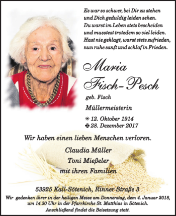 Traueranzeige von Maria Fisch-Pesch von WochenSpiegel