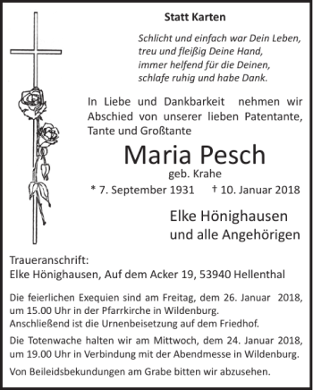 Traueranzeige von Maria Pesch von WochenSpiegel