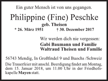 Traueranzeige von Philippine (Fine) Peschke von WochenSpiegel