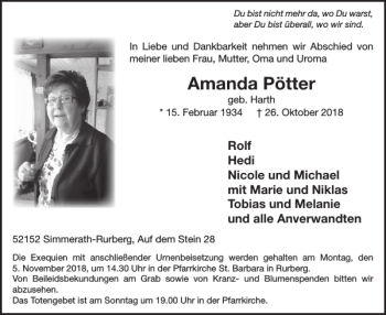 Traueranzeige von Amanda Pötter von WochenSpiegel