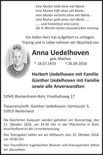 Traueranzeige von Anna Uedelhoven von WochenSpiegel