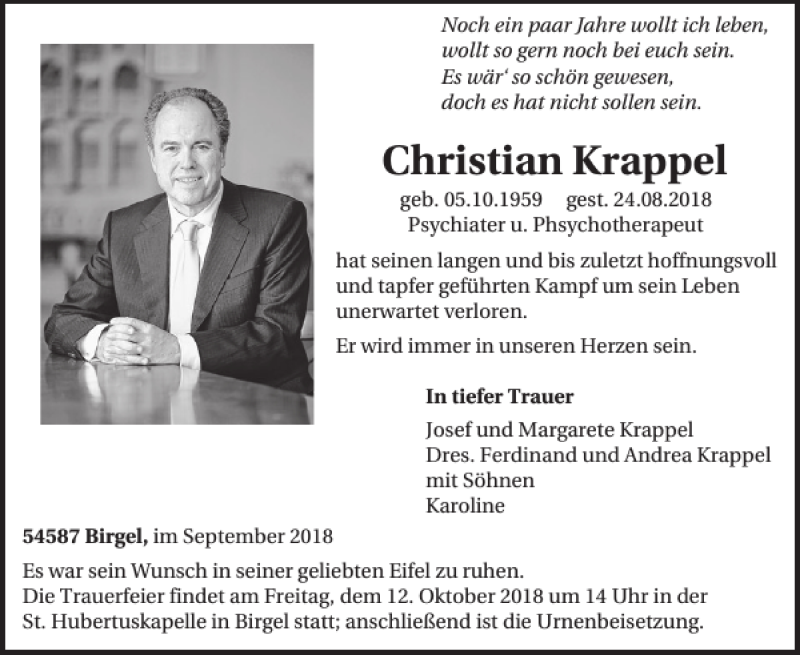  Traueranzeige für Christian Krappel vom 03.10.2018 aus Wochenspiegel