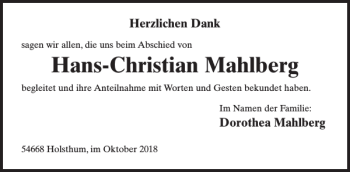 Traueranzeige von Hans-Christian Mahlberg von WochenSpiegel