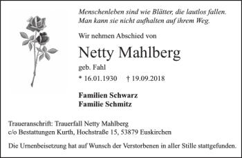 Traueranzeige von Netty Mahlberg von WochenSpiegel