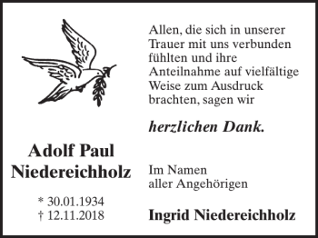 Traueranzeige von Adolf Paul Niedereichholz von WochenSpiegel