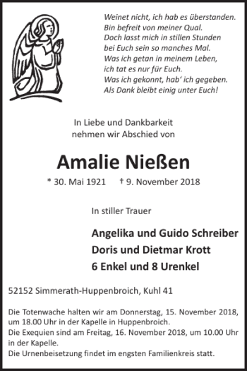 Traueranzeige von Amalie Nießen von WochenSpiegel