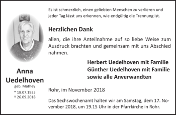 Traueranzeige von Anna Uedelhoven von WochenSpiegel