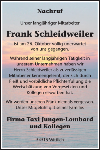 Traueranzeige von Frank Schleidweiler von WochenSpiegel