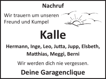 Traueranzeige von Kalle  von WochenSpiegel