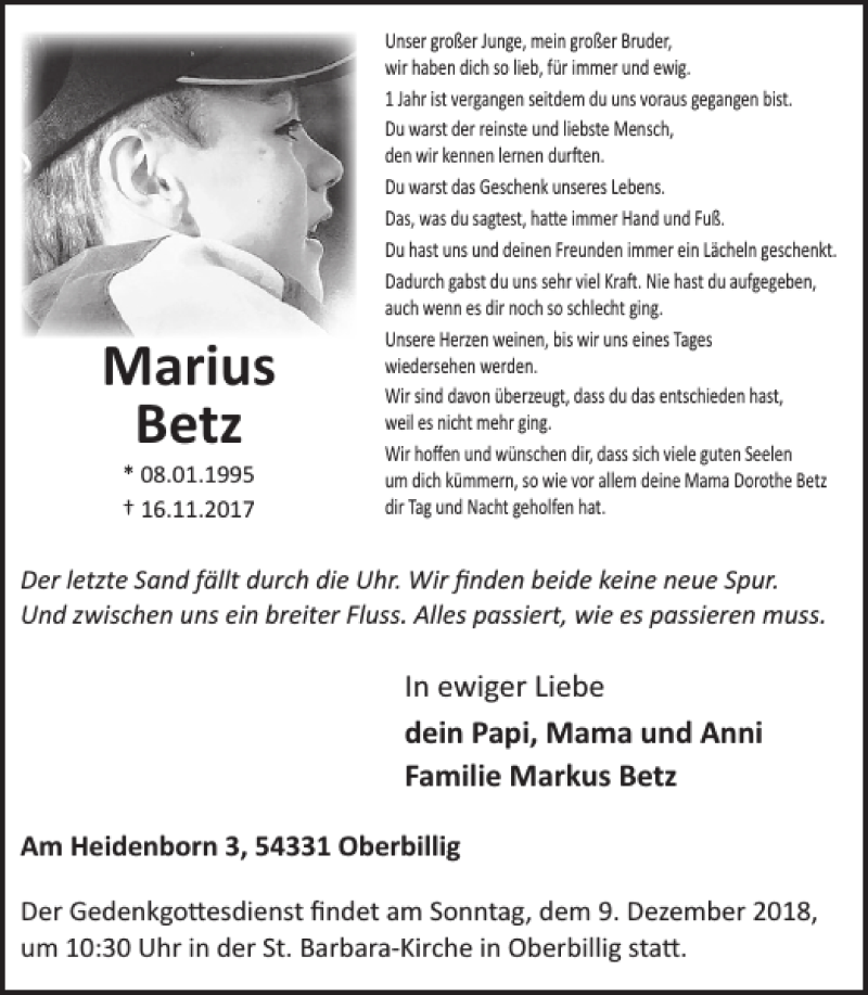  Traueranzeige für Marius Betz vom 30.11.2018 aus WochenSpiegel