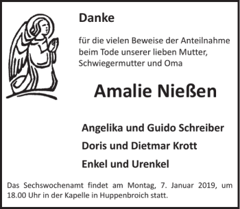 Traueranzeige von Amalie Nießen von WochenSpiegel