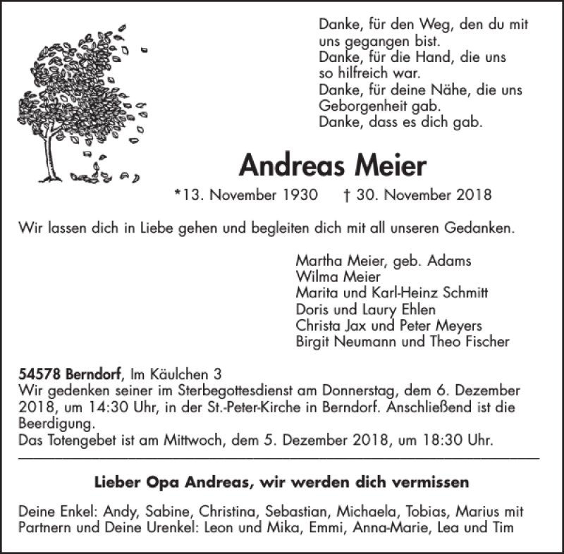  Traueranzeige für Andreas Meier vom 05.12.2018 aus WochenSpiegel