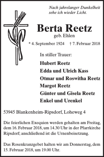 Traueranzeige von Berta Reetz von WochenSpiegel