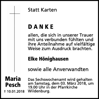 Traueranzeige von Maria Pesch von WochenSpiegel