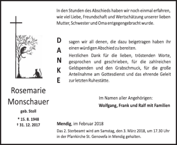 Traueranzeige von Rosemarie Monschauer von WochenSpiegel