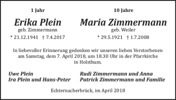 Traueranzeige von Erika Plein Maria Zimmermann von WochenSpiegel