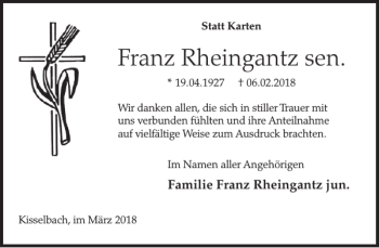 Traueranzeige von Franz Rheingantz sen von WochenSpiegel