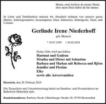 Traueranzeige von Gerlinde Irene Niederhoff von WochenSpiegel