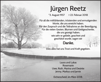 Traueranzeige von Jürgen Reetz von WochenSpiegel