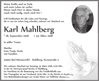 Traueranzeige von Karl Mahlberg von WochenSpiegel