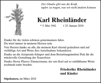 Traueranzeige von Karl Rheinländer von WochenSpiegel