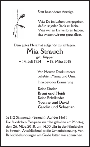 Traueranzeige von Mia Strauch von WochenSpiegel