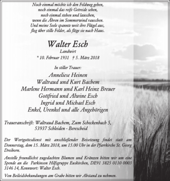 Traueranzeige von Walter Esch von WochenSpiegel