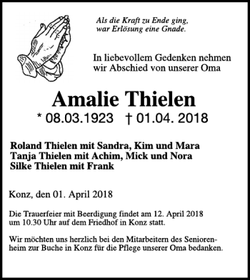 Traueranzeige von Amalie Thielen von WochenSpiegel