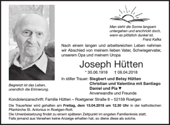 Traueranzeige von Joseph Hütten von WochenSpiegel