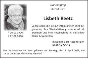 Traueranzeige von Lisbeth Reetz von WochenSpiegel