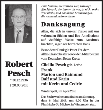 Traueranzeige von Robert Pesch von WochenSpiegel