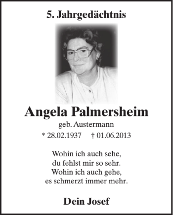 Traueranzeige von Angela Palmersheim von WochenSpiegel