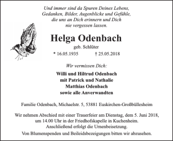 Traueranzeige von Helga Odenbach von WochenSpiegel