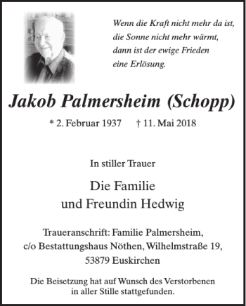 Traueranzeige von Jakob Palmersheim Schopp von WochenSpiegel