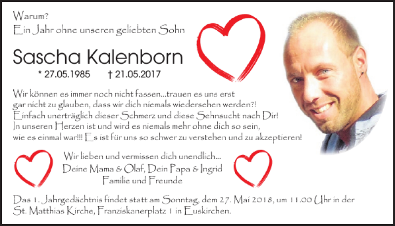  Traueranzeige für Sascha Kalenborn vom 16.05.2018 aus WochenSpiegel