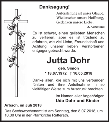 Traueranzeige von Jutta Dohr von WochenSpiegel