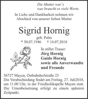 Traueranzeige von Sigrid Hornig von WochenSpiegel