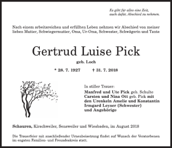 Traueranzeige von Gertrud Luise Pick von Wochenspiegel