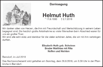 Traueranzeige von Helmut Huth von Wochenspiegel