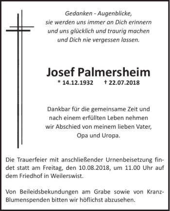 Traueranzeige von Josef Palmersheim von WochenSpiegel