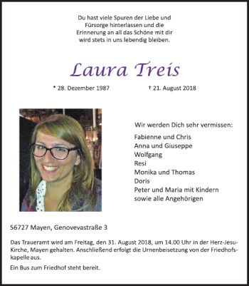 Traueranzeige von Laura Treis von WochenSpiegel